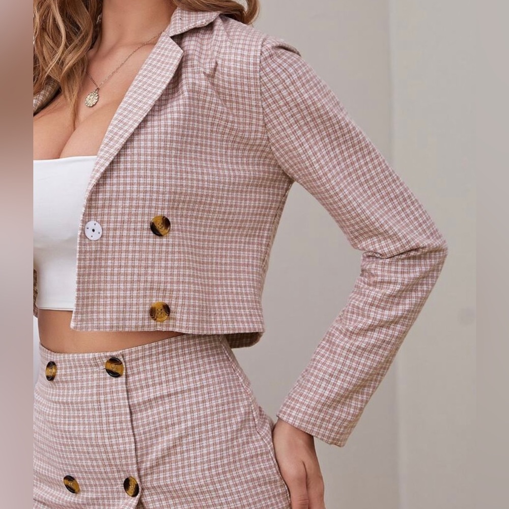 Plaid Double Breasted Blazer With Skirt - Picture 2 of 3
